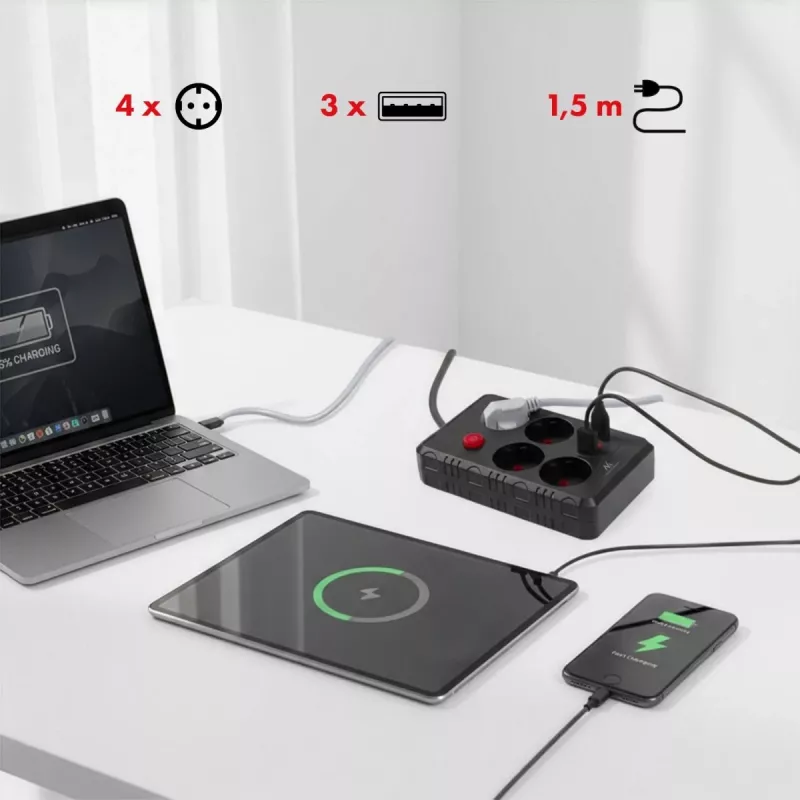 Steckdosenleiste MACLEAN MCE392 B — 4 Steckdosen, 3×USB, 110–240V, 2,1A, 2500W, 1,5 m Kabel, schwarz