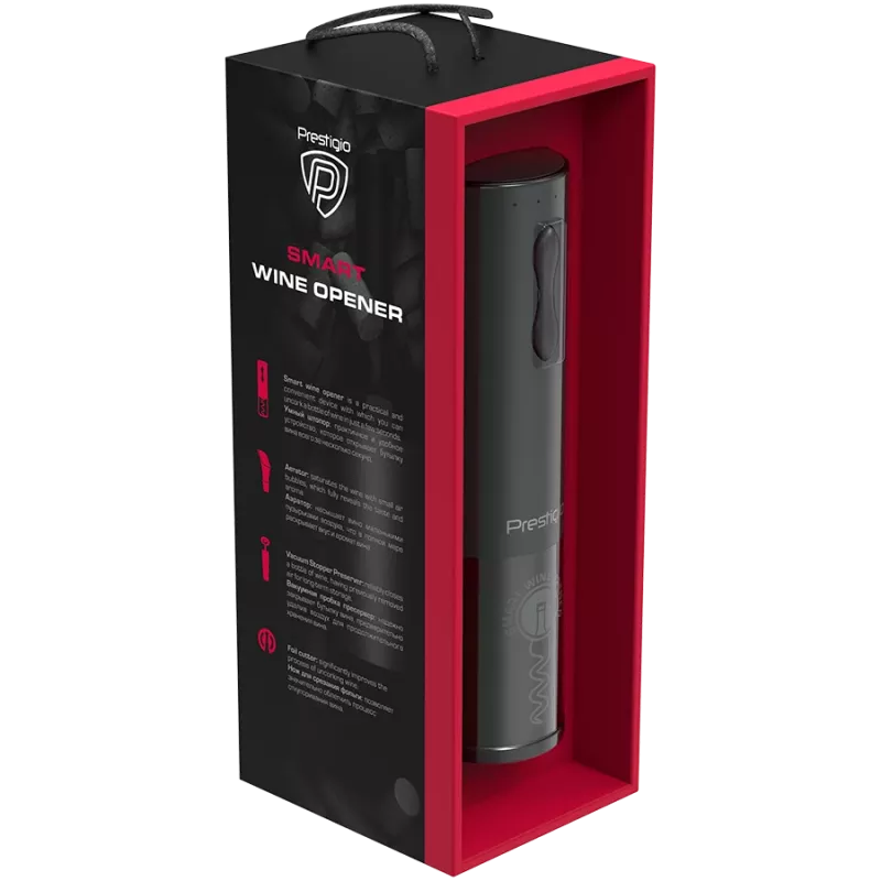 Bolsena, Elektrischer Korkenzieher mit Prestigio-Logo, Belüfter, Vakuumversiegelung, schwarze Farbe