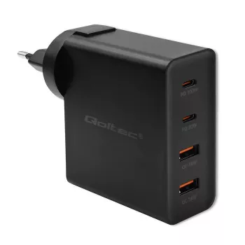 Qoltec GaN POWER PRO Ladegerät | 2xUSB-C | 2xUSB | 130W | 5-20V | 1.5-5A | XP | Schwarz