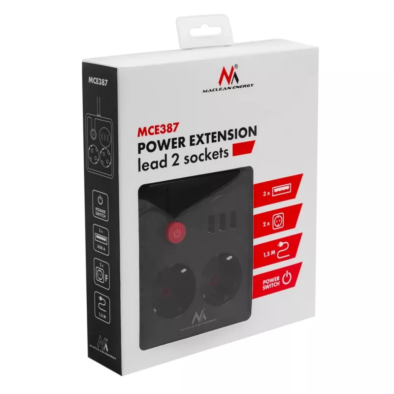 Steckdosenleiste MACLEAN MCE387 B — 2 Steckdosen, 3×USB A, 110–240 V, 1,5 m Kabel, max. 2500 W