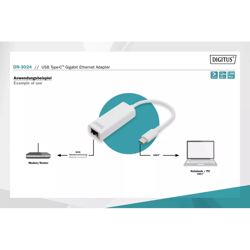 Digitus DN-3024 USB 3.0 Adapter 20 cm 1x USB-C auf 1x RJ45 Geschirmt