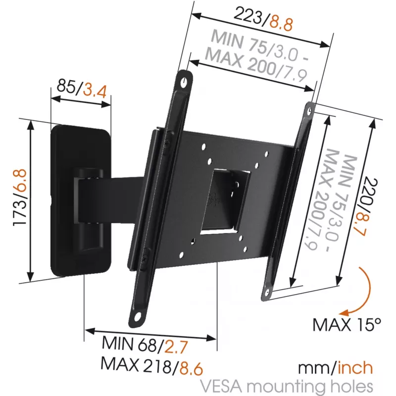 Vogels | Wandhalterung | MA2030-A1 | Vollbeweglich | 19-40 | Max. Tragfähigkeit 15 kg | Schwarz