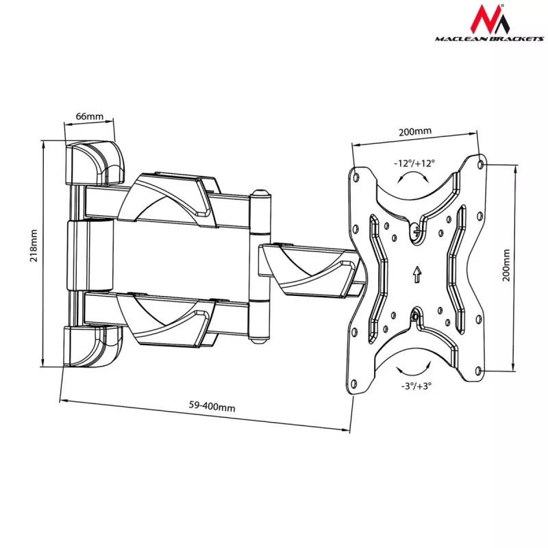 TV-Wandhalterung MACLEAN MC-742 für 42 Zoll (106,7 cm), neigbar -12°/+12°, VESA 75x75–200x200, max. Belastung 30 kg, schwarz