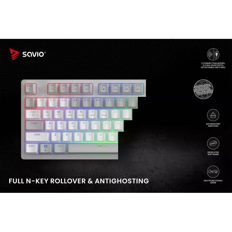 SAVIO PHENIX WHITE Kabellose Mechanische Tastatur, Gateron Red Pro, ABS