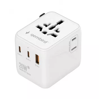 Reise-Netzteil GEMBIRD TPA-1A2C20-01-W — 20 W, USB-A (18 W) + 2× USB-C (20 W), Stecker Typ E, weiß