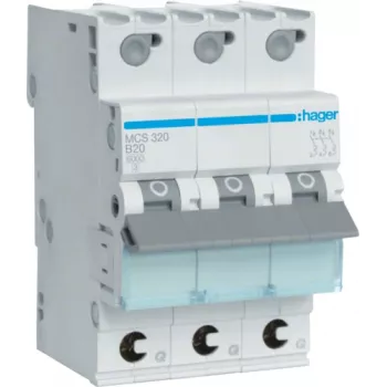Hager MCS320. Nennstrom: 20 A, Netzfrequenz: 50/60, Nennausgangsstrom: 20 A. Typ: C-Charakteristik, Modulanzahl (max.): 3 Module. Breite: 52,5 mm, Tiefe: 70 mm, Höhe: