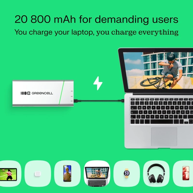 Tragbarer Akku Grün Cell BPLGC20P 20800 mAh Lithium-Ionen, USB-C PD 65W, 2x USB-C + 1x USB-A, Aluminiumgehäuse