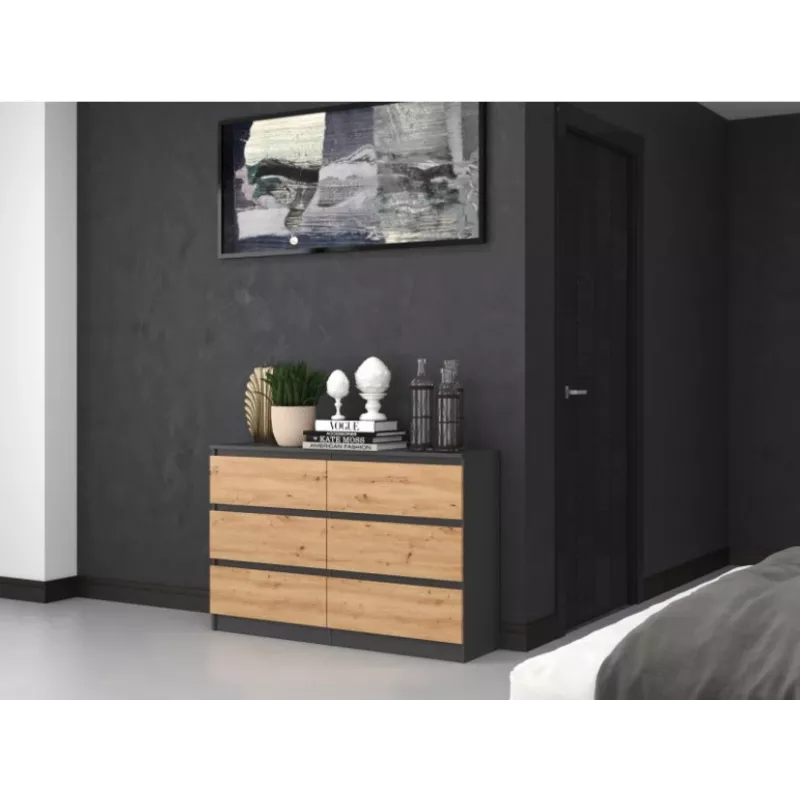 Kommode top e shop M6 120 — Anthrazit/Eiche, 6 Schubladen, 1200×300×770 mm, Spanplatte