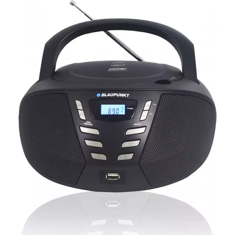 Tragbarer CD-Player Blaupunkt BB7BK — MP3, FM-Radio, USB, AUX, batteriebetrieben, 2 eingebaute Lautsprecher, 240×230×128 mm