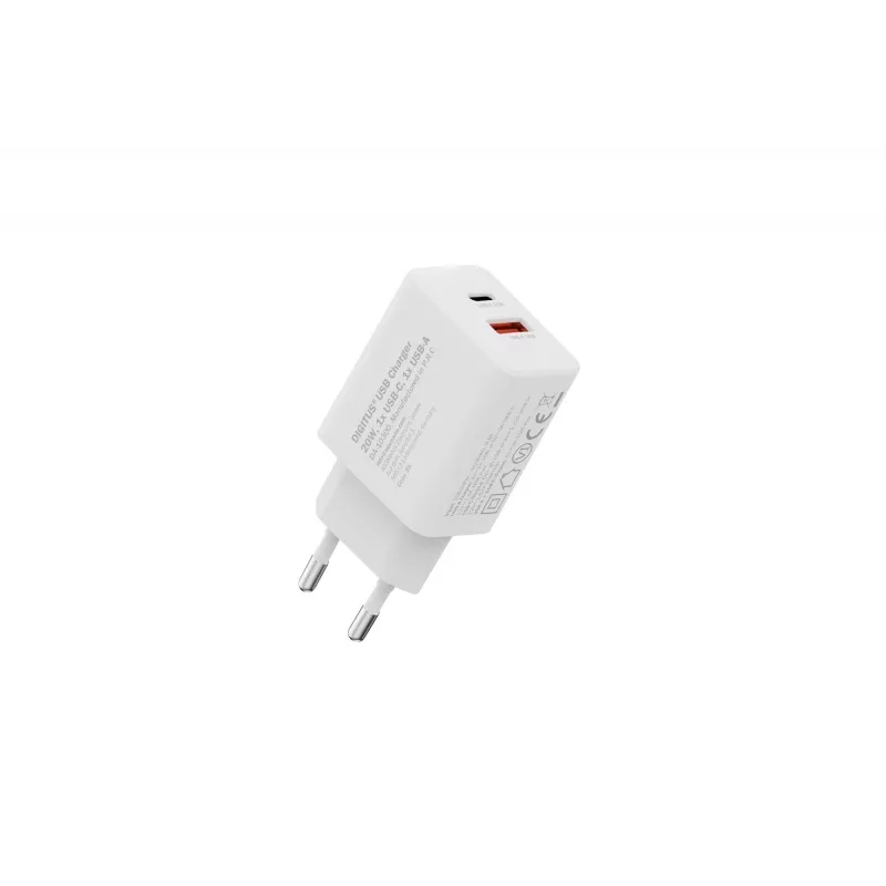 AC USB-Ladegerät DIGITUS 20W, 1x USB-C, 1x USB-A, Eingang 100–240V, Weiß