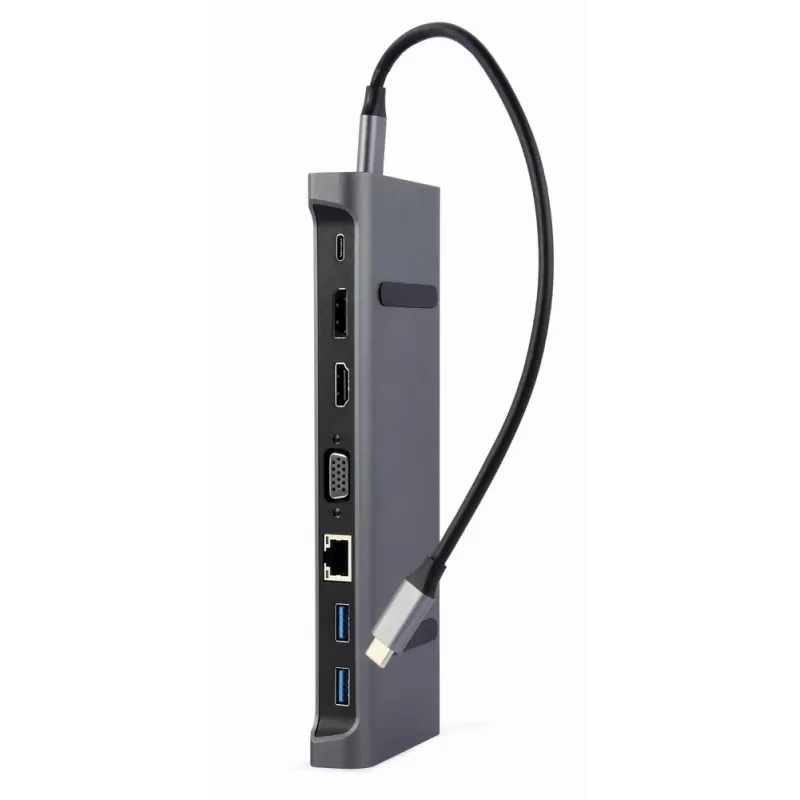 Laptop-Dock Gembird A-CM-COMBO9-02 USB 3.2 Gen 1 Type-C, HDMI, VGA, 3×USB-A, Gigabit Ethernet, 87W PD, Grau
