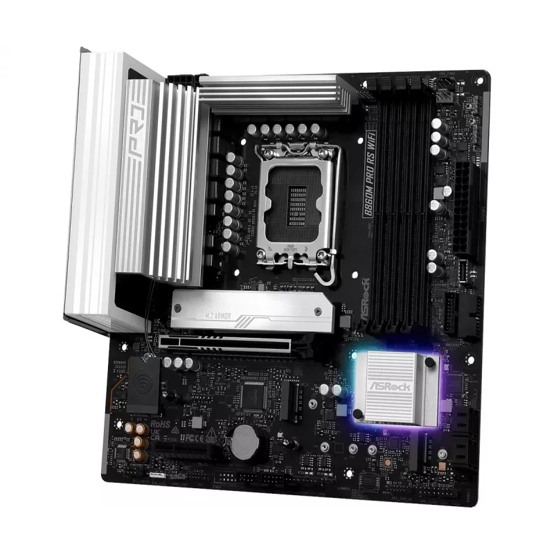 Mainboard ASRock B860M Pro RS WiFi — Intel B860, LGA 1851, micro ATX, DDR5, 4 DIMM, 3x M.2, 2.5Gb LAN, Wi‑Fi, Bluetooth
