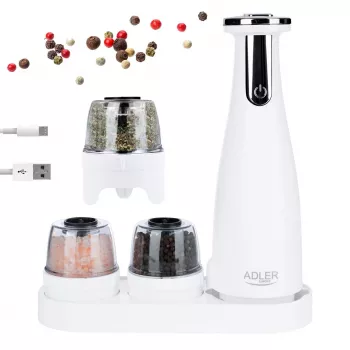 Salz- und Pfeffermühlen-Set Adler AD 4449W Stahl Weiß, Keramikmahlwerk, 150 ml, USB-C wiederaufladbar
