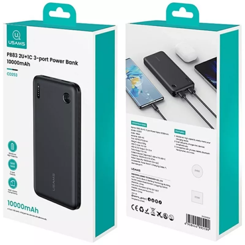 Powerbank usams PB83 10000mAh PD 2×USB-A USB-C weiß