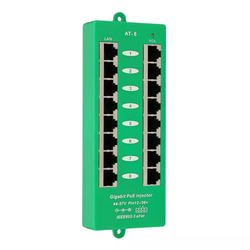 Extralink Gigabit PoE-Injektor 8-Port Aktiv, 8 Ports Gigabit 802.3at/af, Mode A