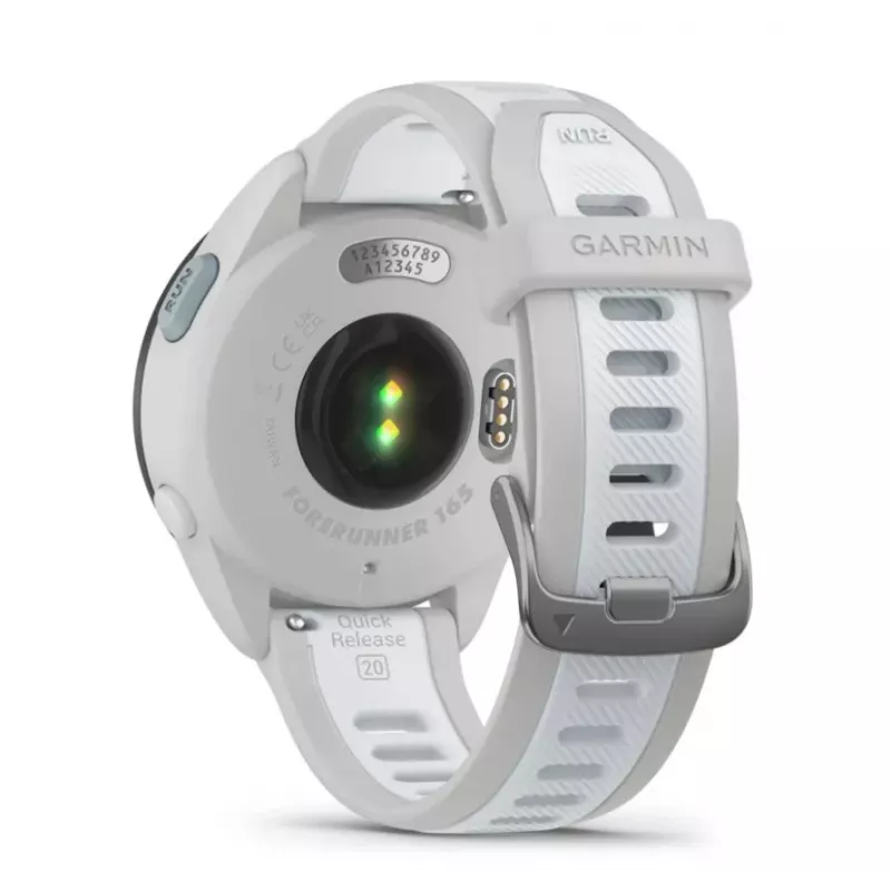 Smartwatch GARMIN Forerunner 165 — GPS, AMOLED 1,2 Zoll, 4 GB, 5 ATM, 11 Tage Akku, Graues Gehäuse, Weißes Armband