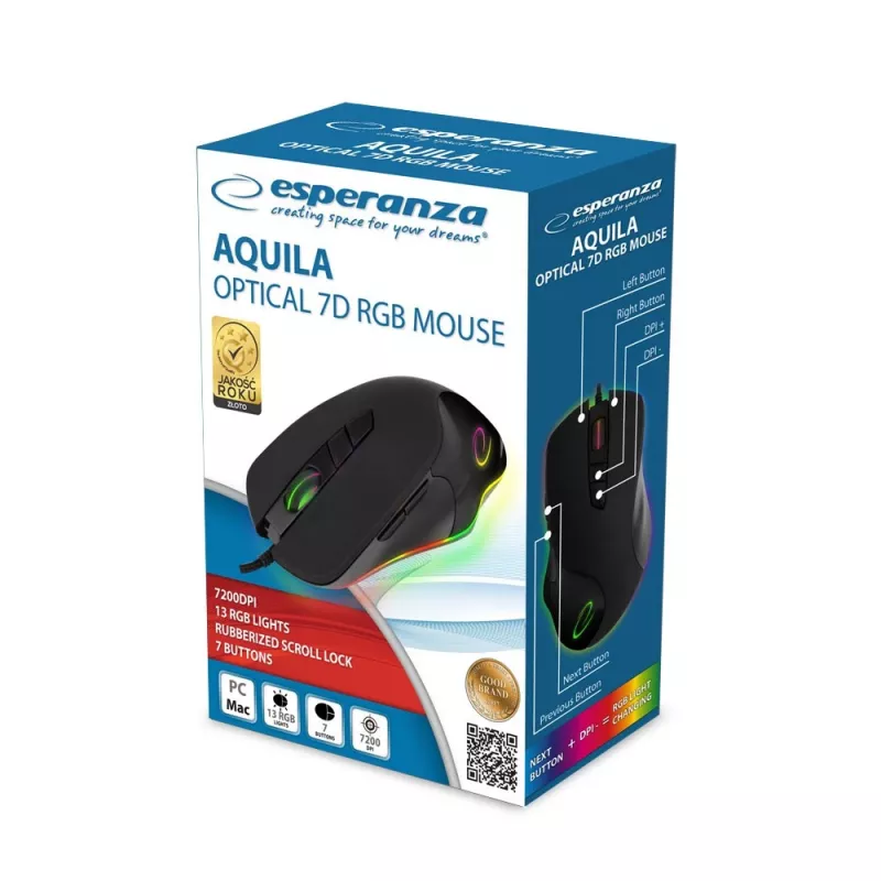 Optische Gaming-Maus ESPERANZA EM132 – 7 Tasten, 7200 DPI, RGB, Rechtshänder, USB 2.0, 1,5 m Kabel
