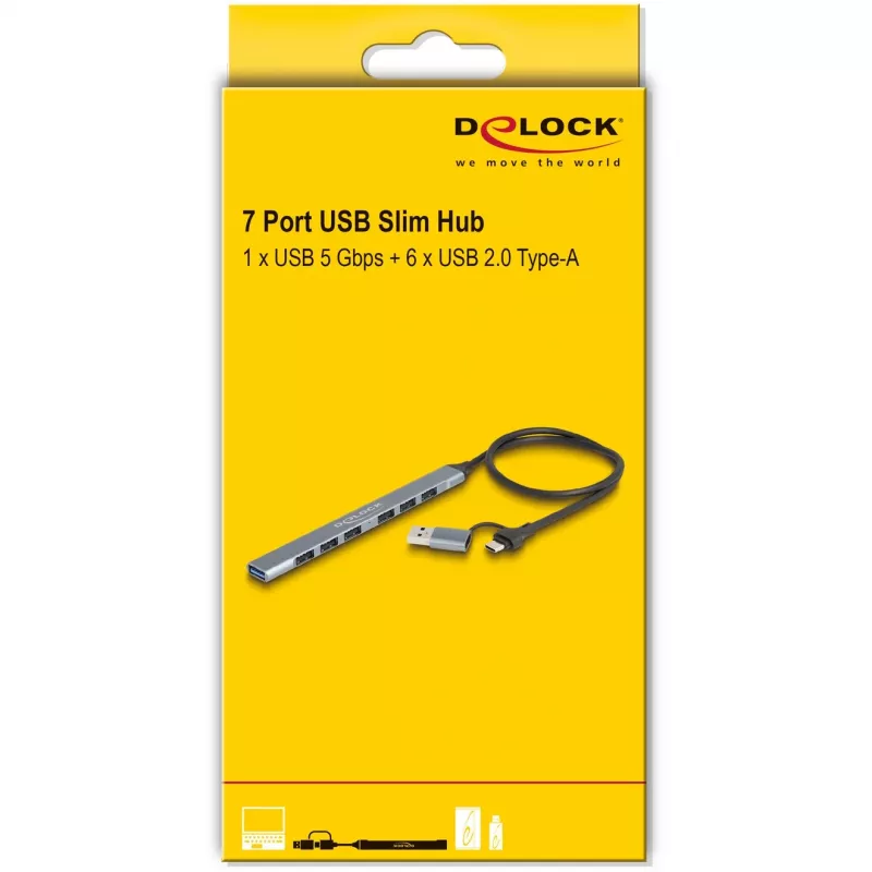 DELOCK 4 Port schlank USB Hub — USB 3.2 Gen 1 Host Typ-C, 3× USB 5 Gbit/s Typ-C + 1× USB 5 Gbit/s Typ-A, Grau, Metall