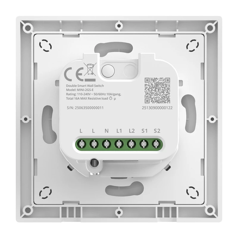 Zweikanaliger intelligenter Wandschalter Sonoff MINI-2GS-E — kompaktes Unterputz-Relais für zwei Stromkreise, Matter-kompatibel