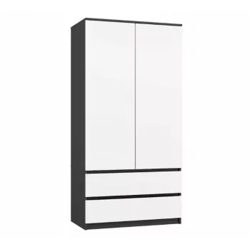 Kleiderschrank top e shop MALWA SS-90, 90×180×50 cm, anthrazitfarbener Rahmen, weiße Drehtüren, 2 Schubladen, Laminat 16 mm