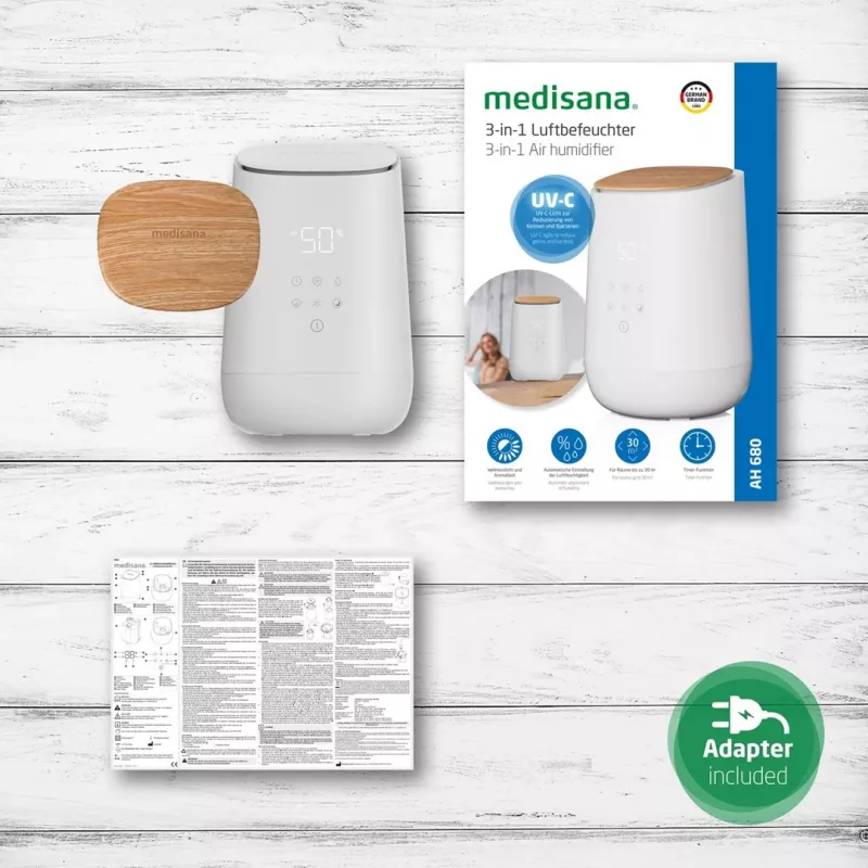 Medisana AH 680 Luftbefeuchter Ultraschall 2,6 L Weiß, Holz 24 W