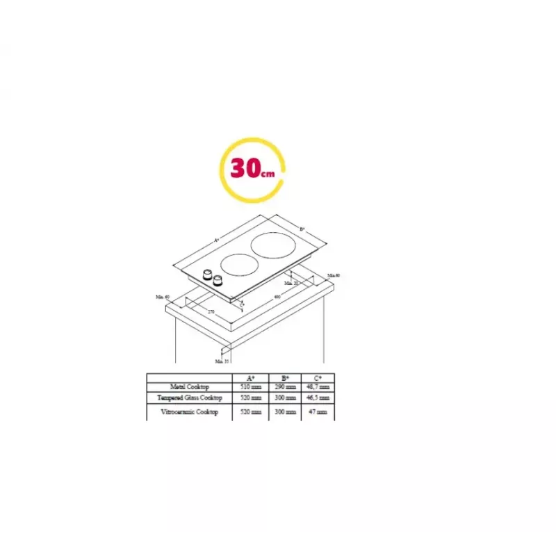 Einbau-Gaskochfeld SIMFER H3.201.TGRSP, 2 Brenner, Glasoberfläche, Drehknöpfe, schwarz