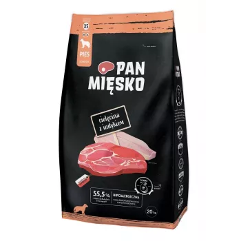 Trockenfutter für Hunde Pan Miesko Kalbfleisch mit Truthahn XS 20 kg — für ausgewachsene kleine Rassen, 30 % Protein, 20 % Fett