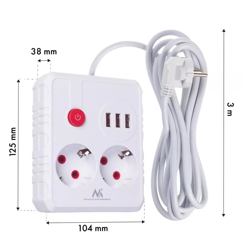 Steckdosenleiste MACLEAN MCE388 W – 2 Steckdosen, 3×USB, 110–240V, 2500W, 3 m Kabel, weiß