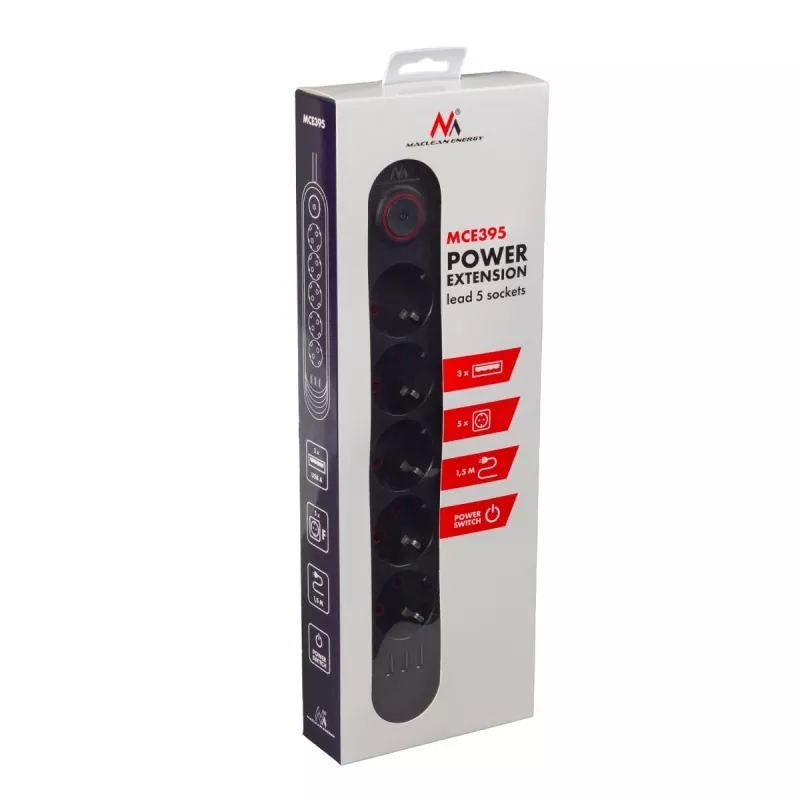Steckdosenleiste MACLEAN MCE395 B — 5 Steckdosen, 3×USB, 110–240V AC, 2,1A USB, 2500W, 1,5 m Kabel, schwarz