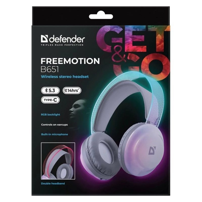 Kabellose Kopfbügel-Kopfhörer DEFENDER Freemotion B651 — binaural, geschlossene Akustik, 20–20000 Hz, 105 dB, USB-C, AUX