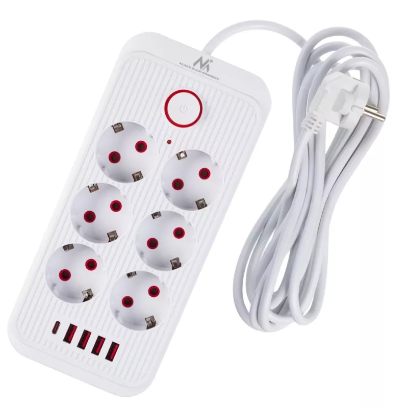 Steckdosenleiste MACLEAN MCE391 W — 6 Steckdosen, 4×USB-A + 1×USB-C, 3 m Kabel, 110–240 V, 2500 W, weiß