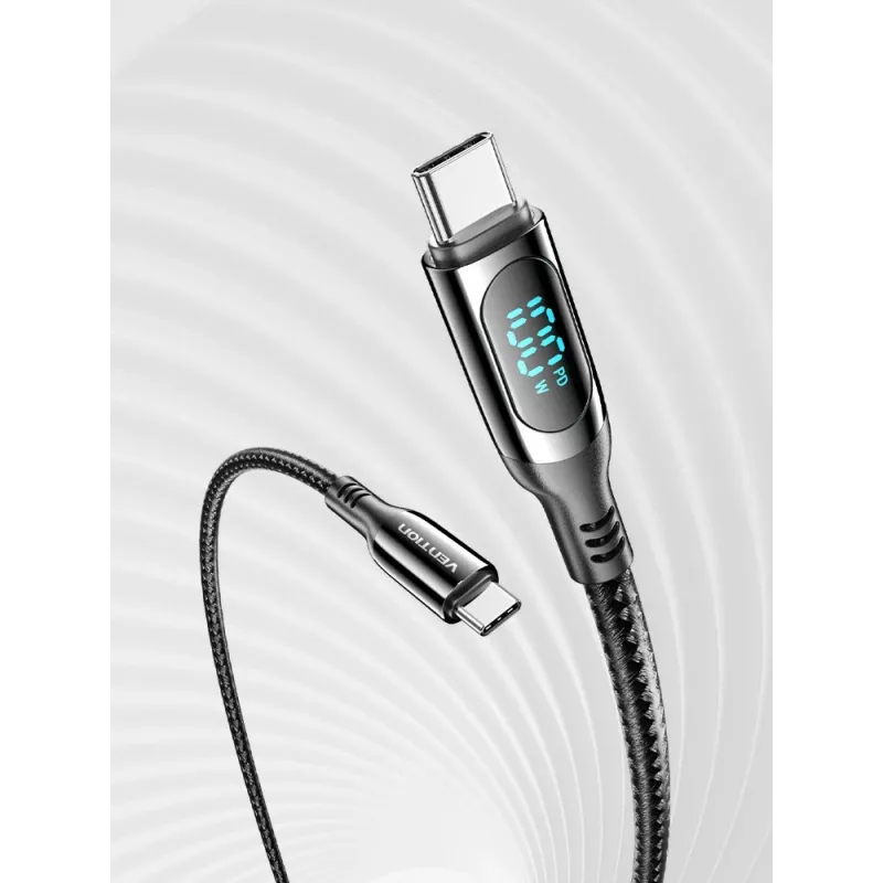 Vention Cotton Braided USB 2.0 C Male to C Male 5A Kabel With LED Display 1.2M Schwarz Zinc Alloy Type