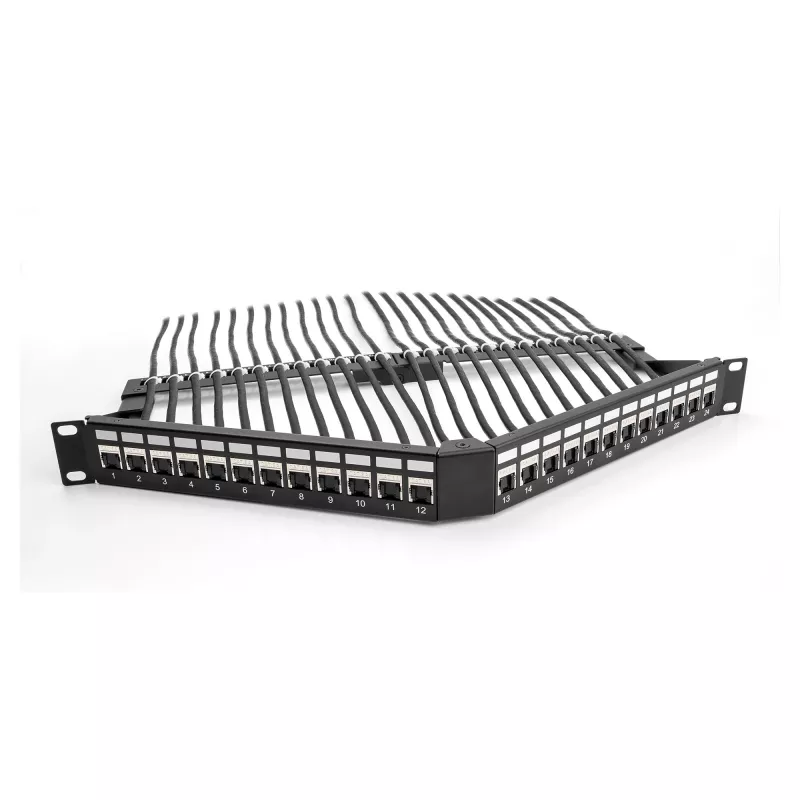 DeLOCK 19 Zoll Keystone Patch Panel 24 Port mit Zugentlastung 1HE abgewinkelt schwarz