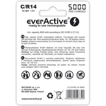 Wiederaufladbare NiMH-Zylinderbatterie everActive EVHRL14-5000, 1,2 V, 2 Stück, 51,5 mm Höhe