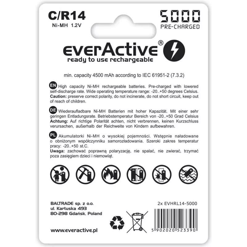 Wiederaufladbare NiMH-Zylinderbatterie everActive EVHRL14-5000, 1,2 V, 2 Stück, 51,5 mm Höhe