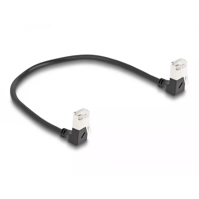 DeLOCK RJ45 Netzwerkkabel Cat.6A S/FTP schlank 90° abgewinkelt nach unten 0,25 m schwarz
