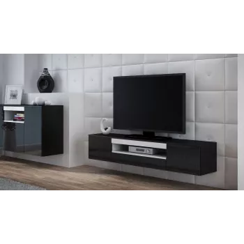 TV-Ständer cama meble VIVA 180 — 1800×400×370 mm, schwarze Deckplatte (Spanplatte), schwarzer Rahmen, weiße Akzente