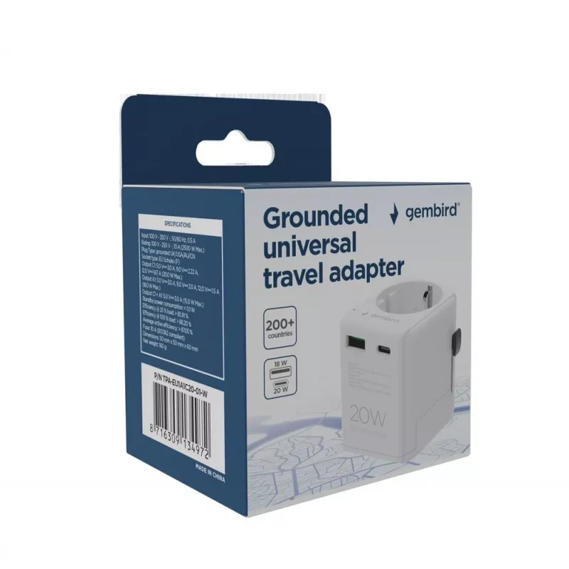 Reise-Netzteil GEMBIRD TPA-EU1A1C20-01-W 20W, USB-A 18W + USB-C 20W, Schuko-Steckdose, Eingang 100–250 V