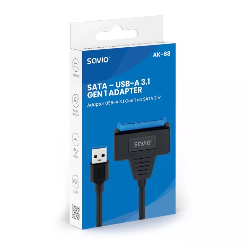 SAVIO SATA auf USB 3.1 Gen 1 Schnittstellenkabel AK-68, SATA-Buchse auf USB-A-Stecker, 5 Gbit/s, 0,25 m, schwarz