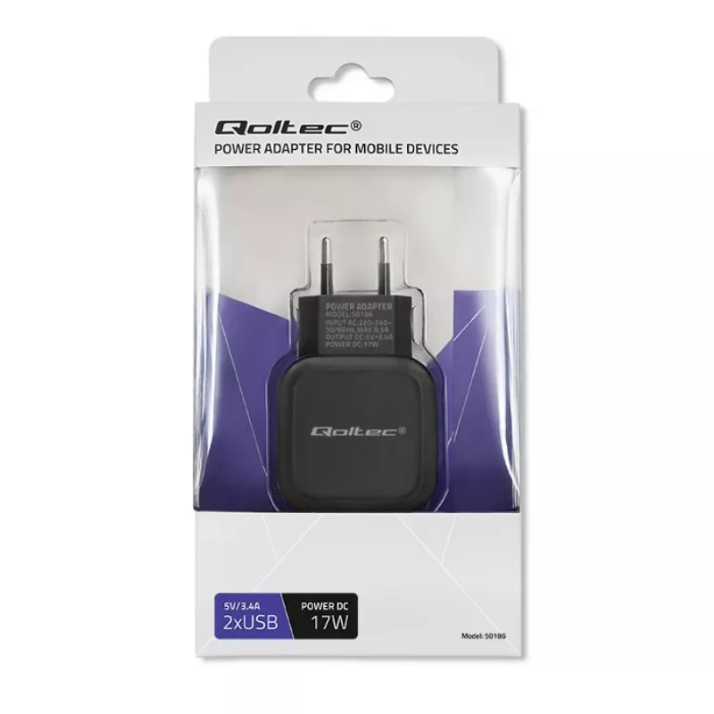 AC Indoor Charger QOLTEC 50186 for Smartphone and Tablet, 5 V 3.4 A, 17 W, 2× USB, Schwarz