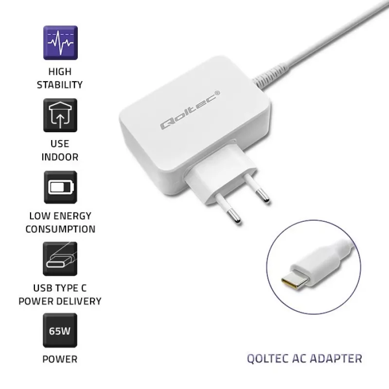 Netzteil QOLTEC 51039 65W AC-to-DC 220–240V 20.3V/3.25A Type C weiß, 1.7 m Kabel