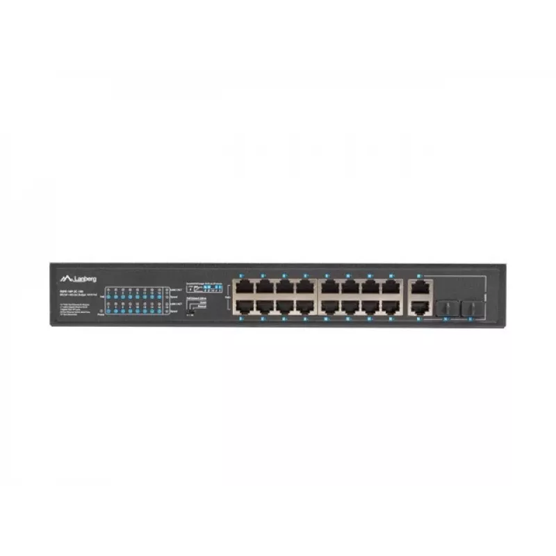 Unmanaged Switch LANBERG RSFE-16P-2C-150 — 18-Port Gigabit, 16 PoE+/2 SFP, 150 W gesamt, 1U Rack, Metall, Schwarz