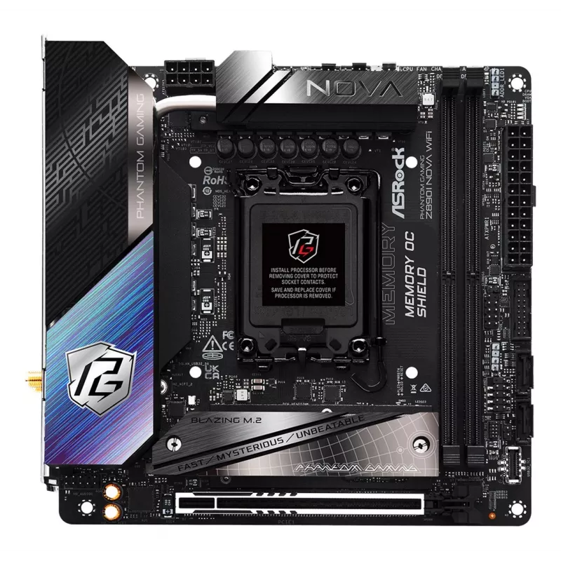 ASRock Phantom Gaming Z890I Nova WiFi Mainboard — Intel Z890, LGA 1851, Mini-ITX, DDR5, 2x M.2, Wi‑Fi 6E/7, 5Gb LAN, Thunderbolt