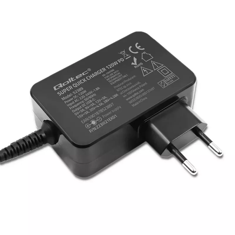 Qoltec PD 120W Turbo Fast Charger | 5-28V | 3-4.5A | USB-C | Schwarz