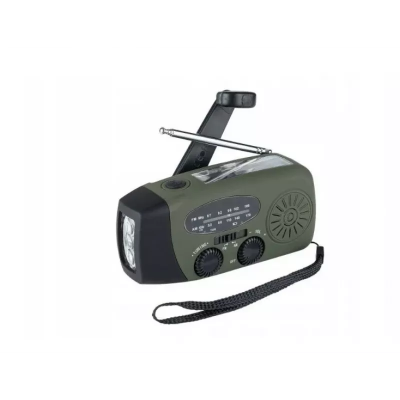 Notfallradio FOSCO 464600 mit LED-Taschenlampe, Powerbank, FM, IPX3, Solar-/Handkurbel-/USB-C-Ladung — grün/schwarz