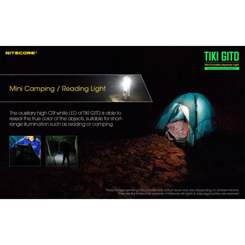 Schlüsselanhänger-Taschenlampe Nitecore TIKI GITD Grau — USB wiederaufladbar, 1 lm, 55 mm, 12 g, IP66