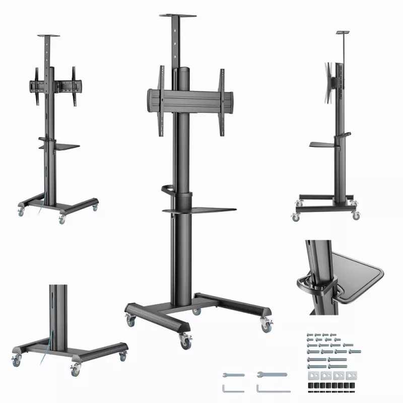 Boden-TV-Ständer Gembird TVS-70T-02 für 37 Zoll–70 Zoll Bildschirme, max. 70 kg, VESA 200x200–600x400, neigbar ±5°/−12°, höhenverstellbar, Rollen, Kabelmanagement