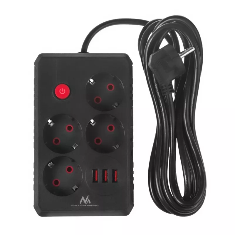 Steckdosenleiste MACLEAN MCE393 B — 4 Steckdosen, 3×USB, 110–240 V, 2500 W, 3 m Kabel, schwarz