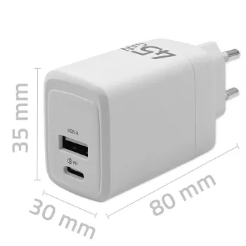GaN 45W Ladegerät 5V 20V 1,5A 3A, 1x USB-C PD, 1x USB-A