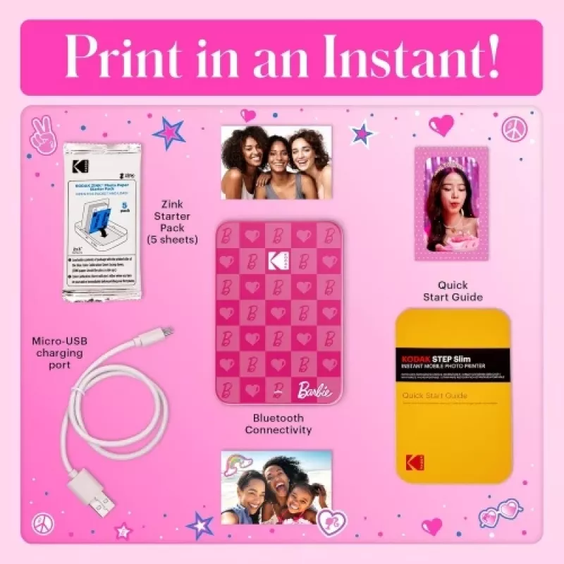 Barbie x Kodak STEP Slim Instant Mobile Photo Printer Colour ZINK 2x3'' 1ppm, Bluetooth, Pink
